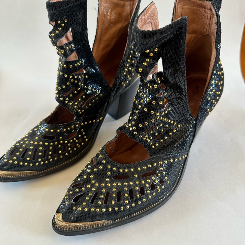 Jeffrey Campbell Maceo gold studded booties festive leather black